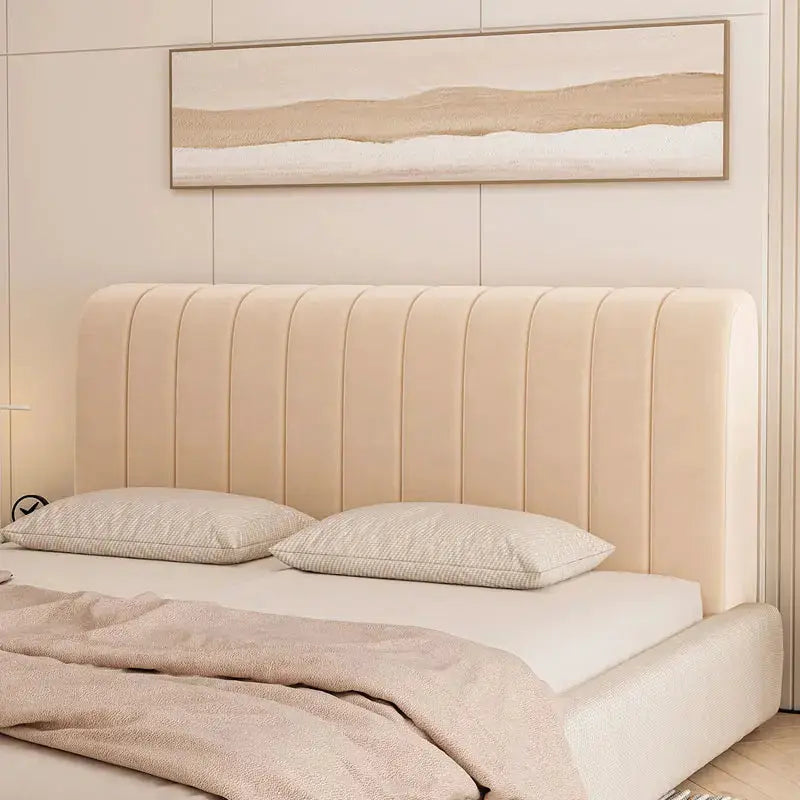 Headboard cover queen size, stretch velvet slipcover in beige for upholstered beds
