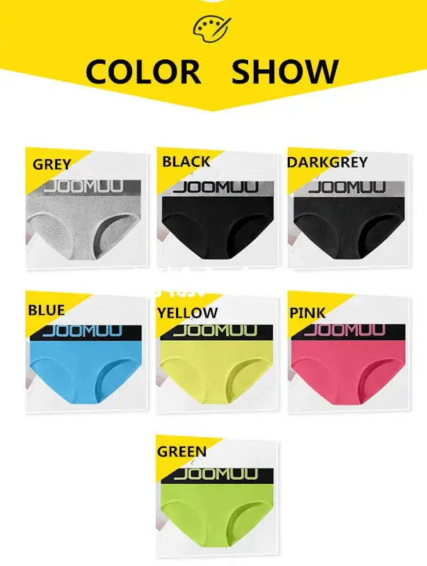 Women’s cotton panties, seven-color assortment with JOOMU branding.
