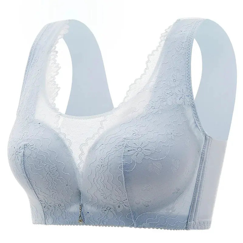Light blue lace bra with wide straps and floral embroidery