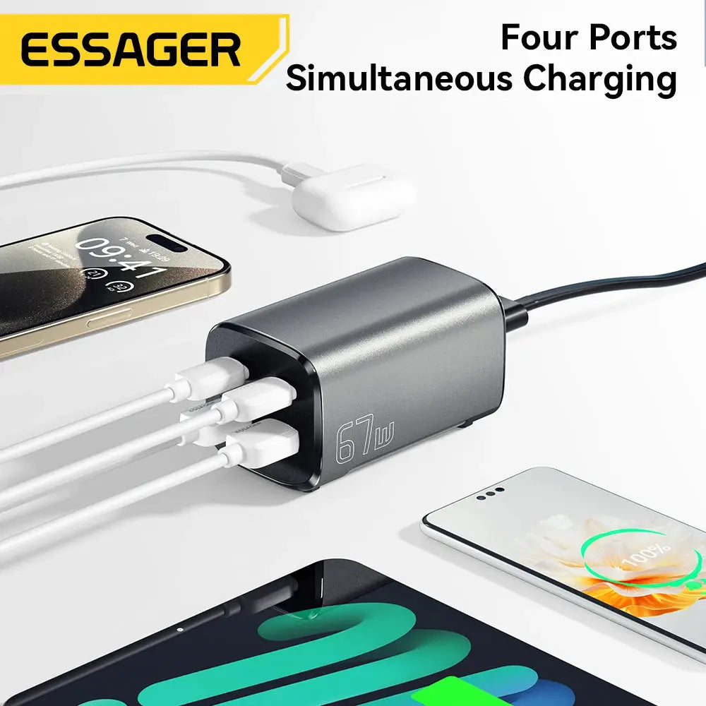 Essager 67W four-port USB-C GaN desktop charger in gray with cables; branding visible with two phones and a tablet.