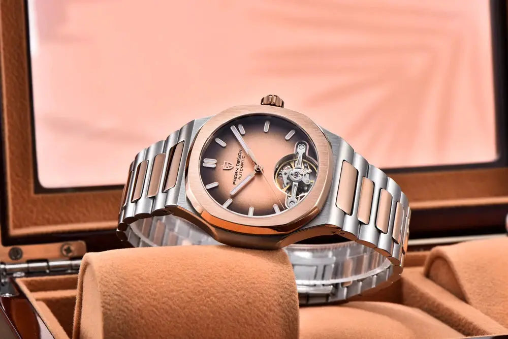 PAGANI DESIGN 2026 men's skeleton automatic watch with rose-gold case and stainless steel bracelet