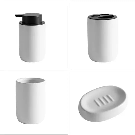 Simples Market ceramic bathroom set: four white pieces including pump bottle, toothbrush holder, cup, and soap dish