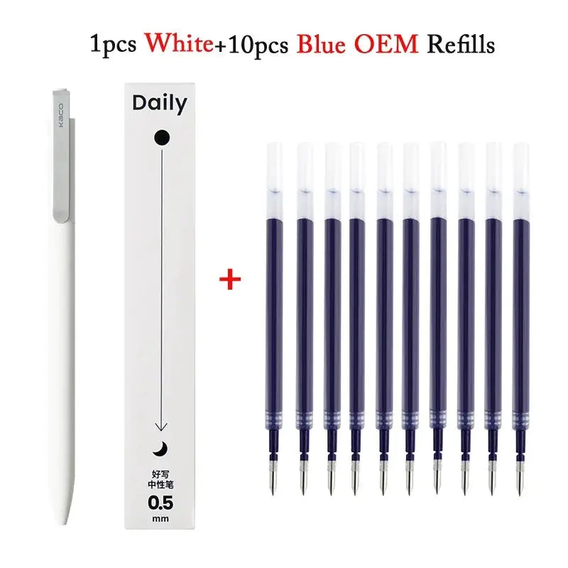 KACO gel pen with metal clip; Simples Market white pen plus 10 blue OEM refills, 0.5mm