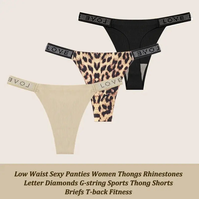 3-piece low-waist thong panty set in black, leopard print, and beige with rhinestone-letter waistbands
