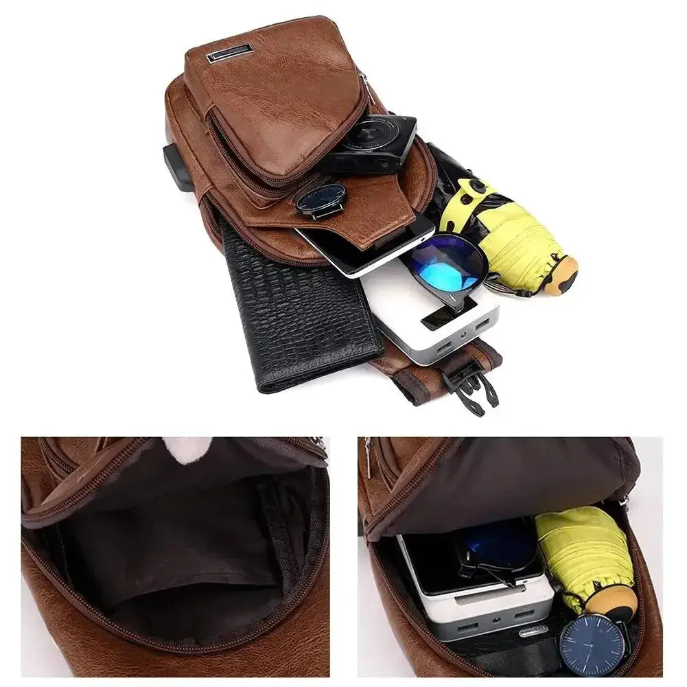 Chest bag by Simples Market; brown PU leather men's crossbody with USB charging and multiple zipper pockets