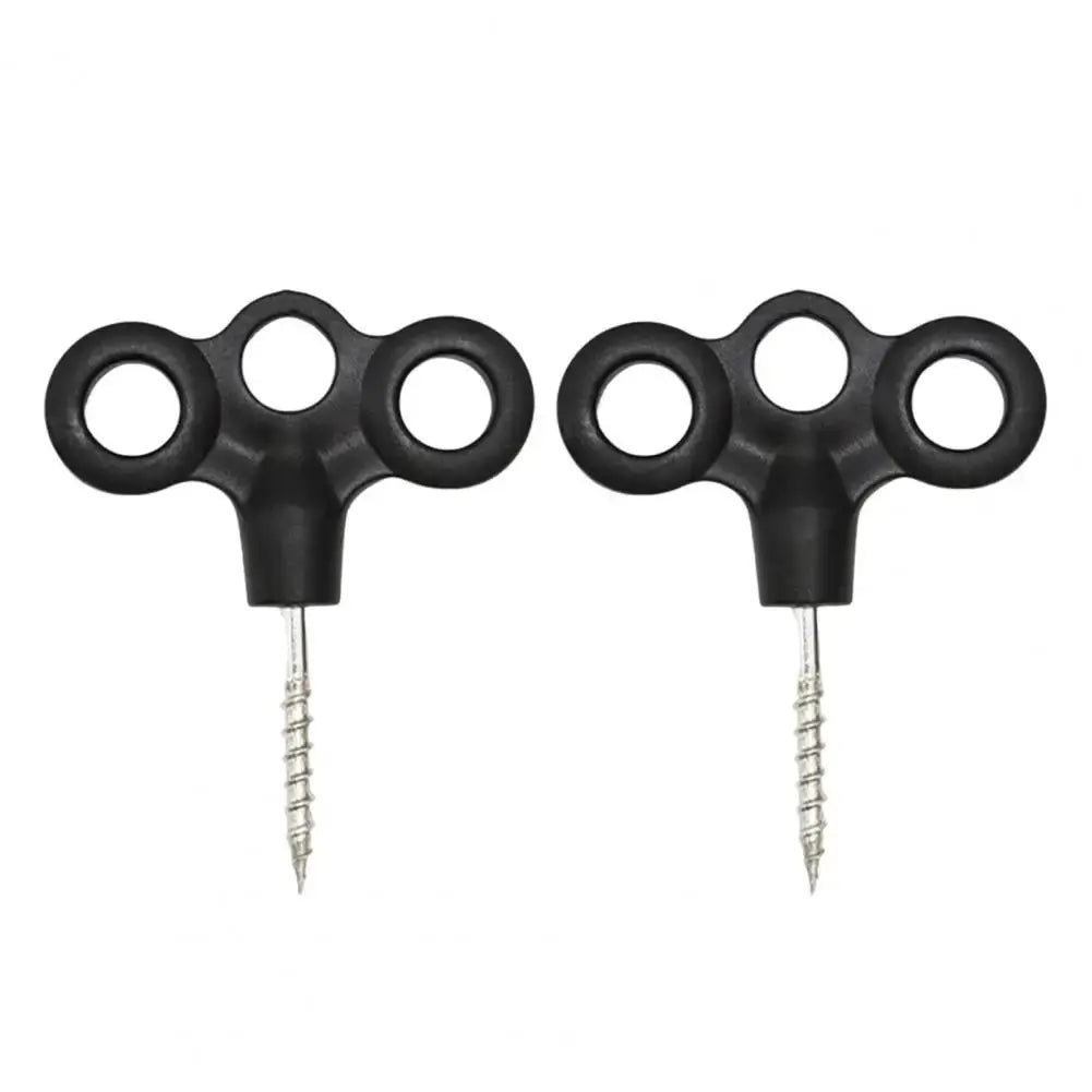 2-pack black plastic triple-loop rope anchors with metal screws for camping tents and outdoor use