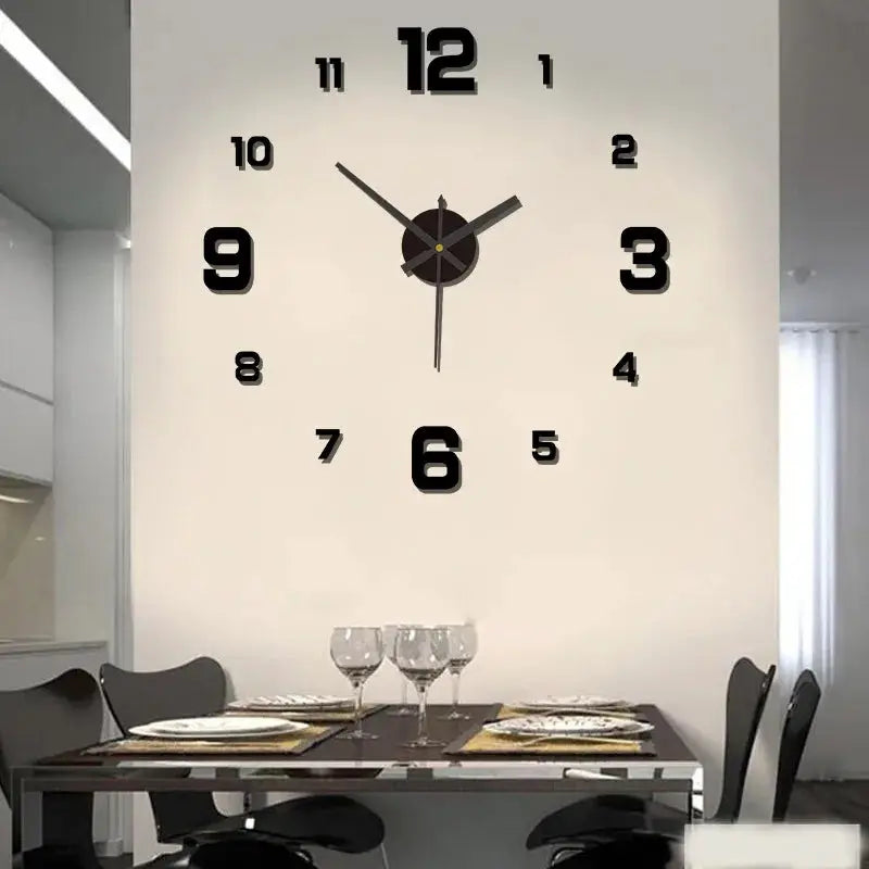 3D frameless wall clock sticker by Simples Market on a white dining room wall; large black numerals and clock hands.