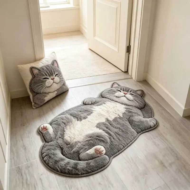 Cat-shaped gray plush area rug with white belly; matching cat pillow nearby.