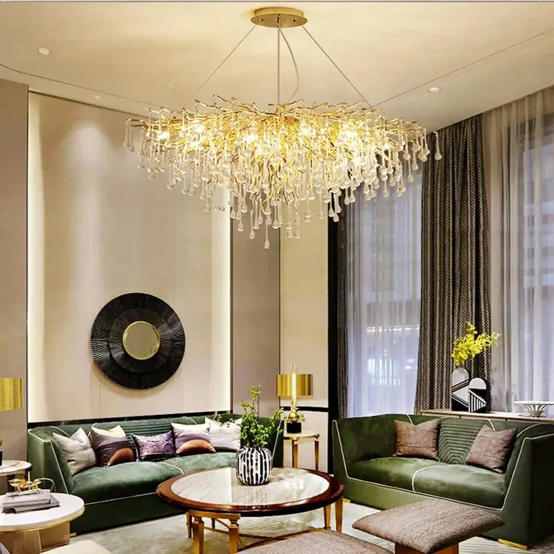 Royal Nordic crystal chandelier by Simples Market in gold chrome with water-drop crystals
