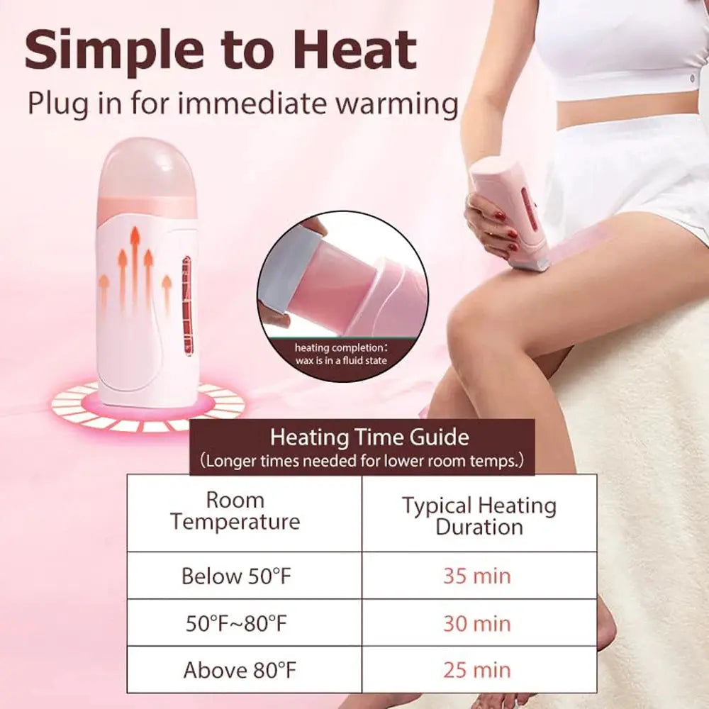 Simples Market pink wax heater and roll-on waxing kit, a 2-piece set, shown in use on leg