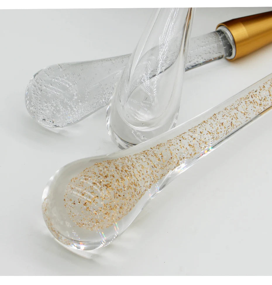 Crystal LED pendant lights by Simples Market; 2 clear glass pendants with gold glitter, modern dining room lamp.