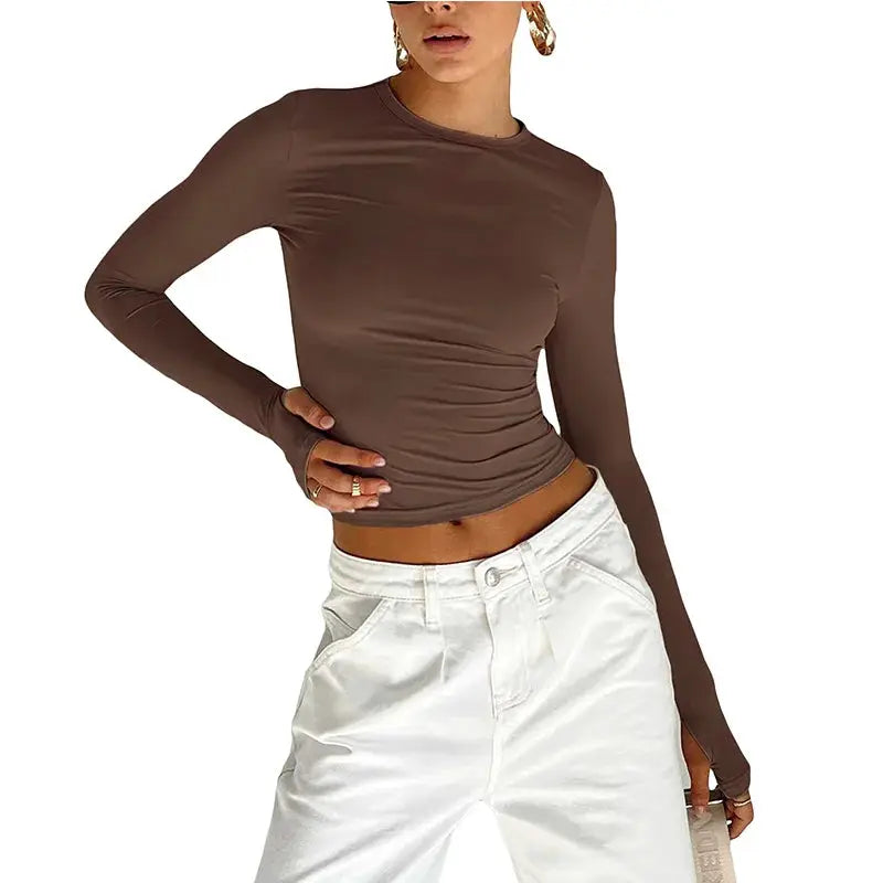 NovaTrend Women Crop Top Long Sleeve Crew Neck Slim Fit Tee Cotton Polyester Blend With Thumb Hole Design For Comfort