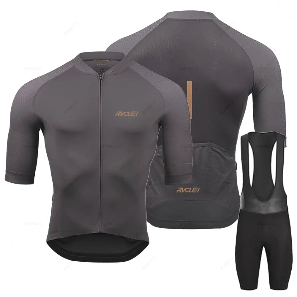 Rvouei Pro Team cycling kit for men in charcoal gray; breathable short-sleeve jersey with zip and matching bib shorts