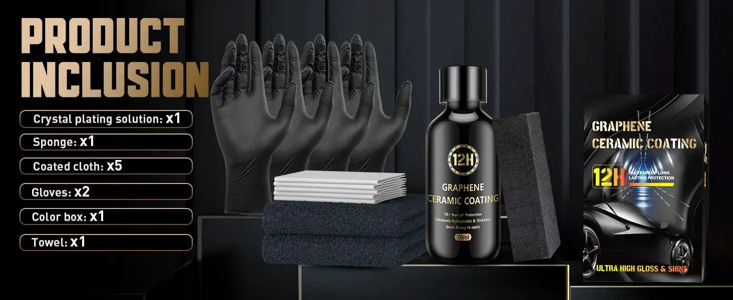 Graphene Ceramic Coating kit by Simples Market with black bottle and gloves, sponge, coated cloths x5, towel x1
