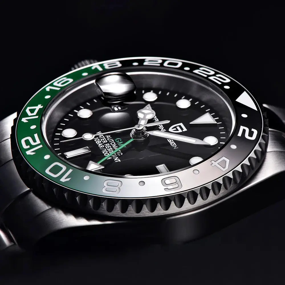 Pagani Design 40mm GMT watch with black dial and green ceramic bezel, 100m water resistant