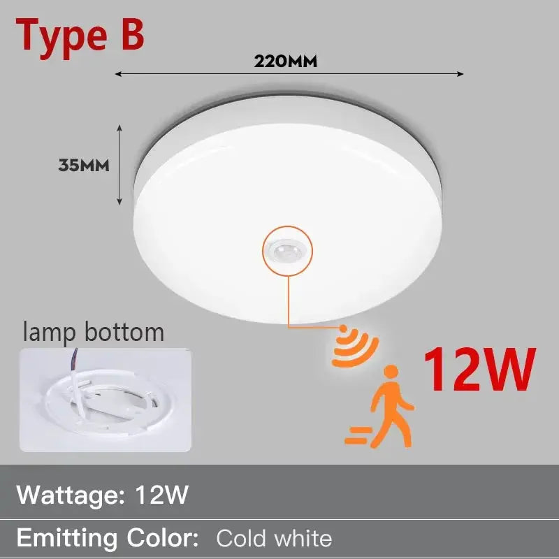 Radar ceiling light with motion sensor, 12W, cold white, Type B, 220V by Simples Market