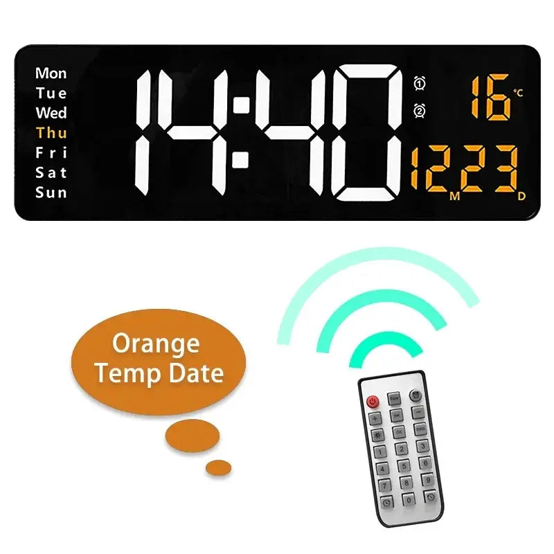 Large digital wall clock with remote, black frame, LED time and orange temperature/date display, Simples Market