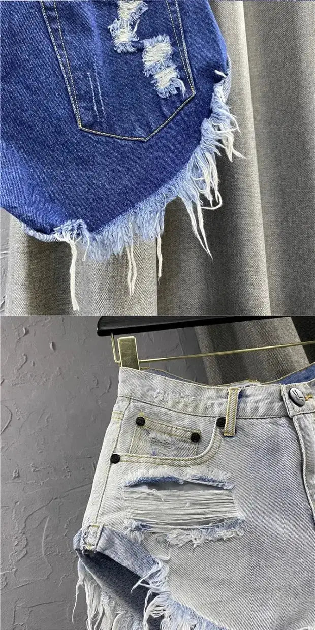 Two women's denim shorts by Simples Market; dark blue frayed-edge distressed and light-wash ripped-patch, zipper fly.