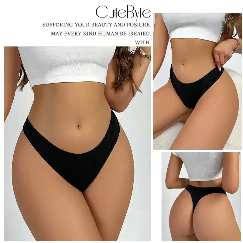 3-piece black cotton seamless thong underwear set, low-waist T-back for women