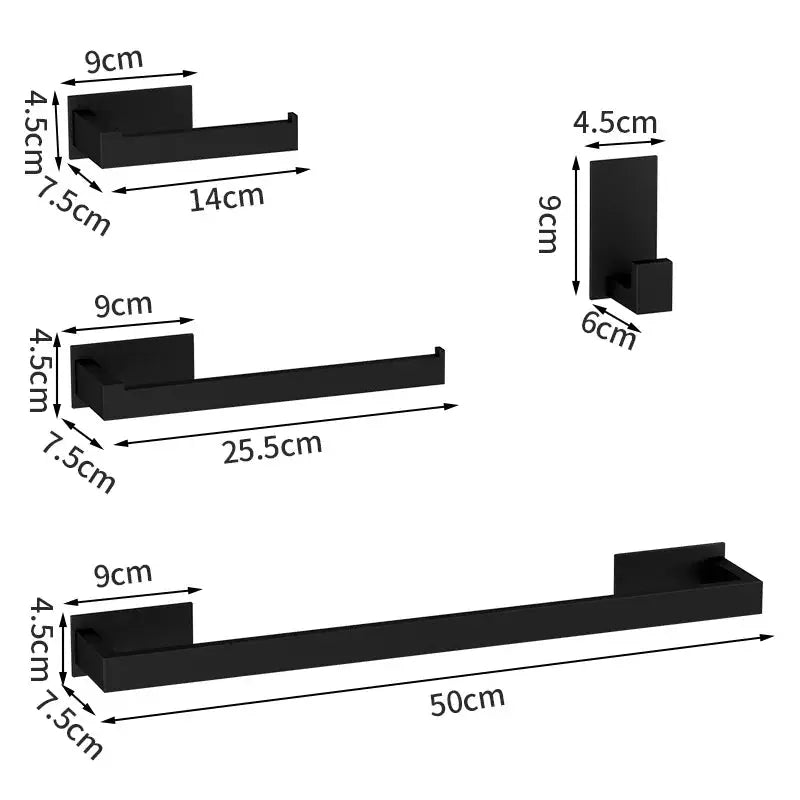 Simples Market black self-adhesive bathroom set: robe hook, 50cm towel bar, 25.5cm towel rail, paper holder, 4-piece.