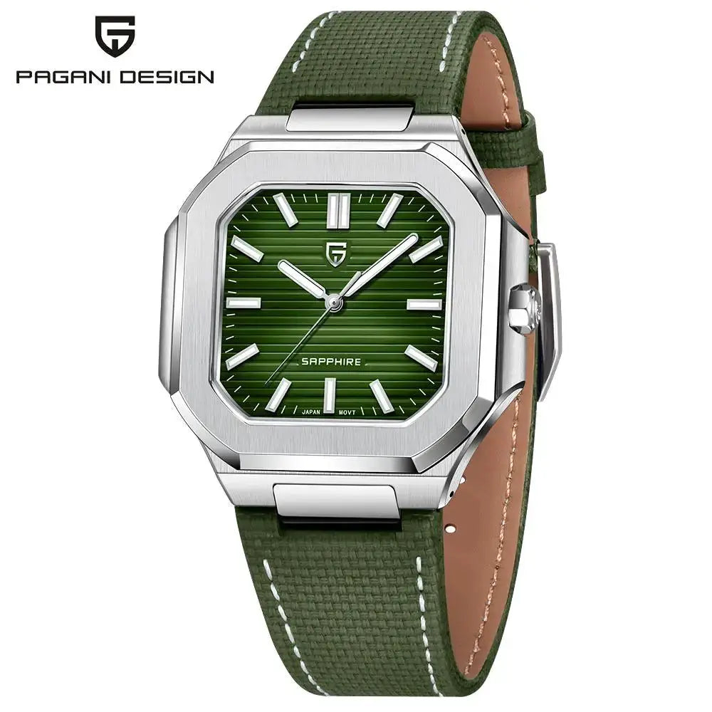Pagani Design men's quartz watch with green dial, sapphire crystal, stainless steel case, green textile strap