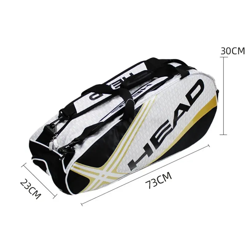 HEAD tennis racket backpack, white/black with yellow accents, large capacity for 3–6 rackets