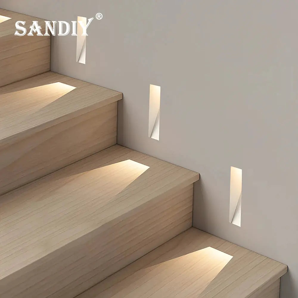 SANDIY recessed sensor wall sconce four step lights along wooden stairs, frameless warm-white LED glow