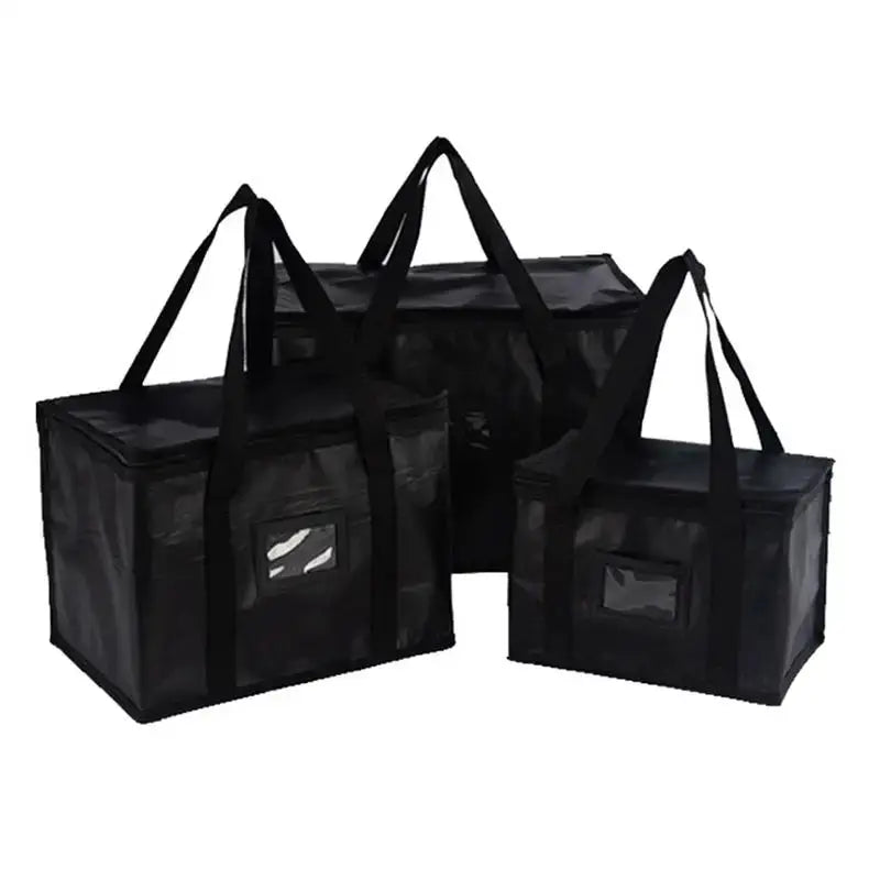 Insulated food-delivery bags set of three in black with carrying handles and clear ID windows