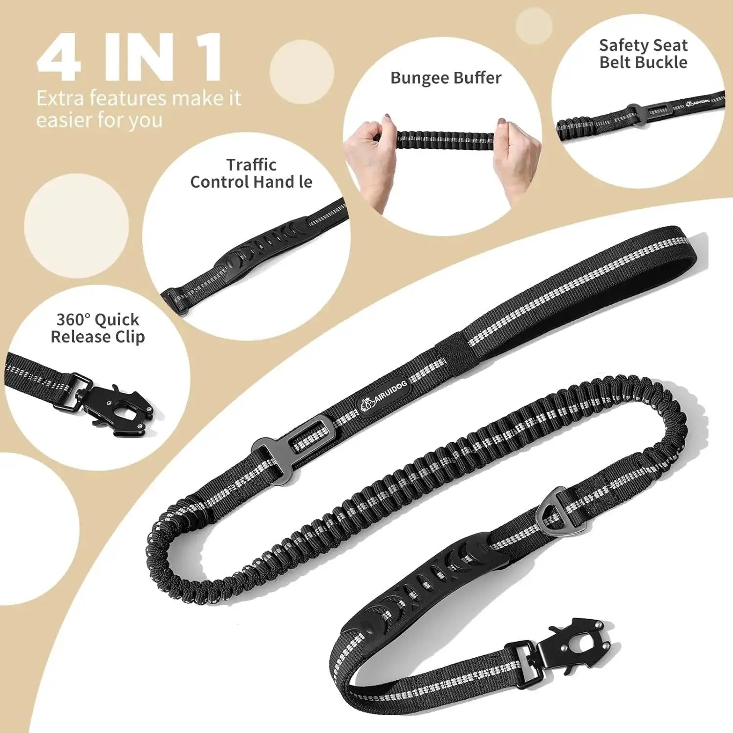 Simples Market 4-in-1 reflective shock-absorbing dog leash for large dogs with car seatbelt buckle