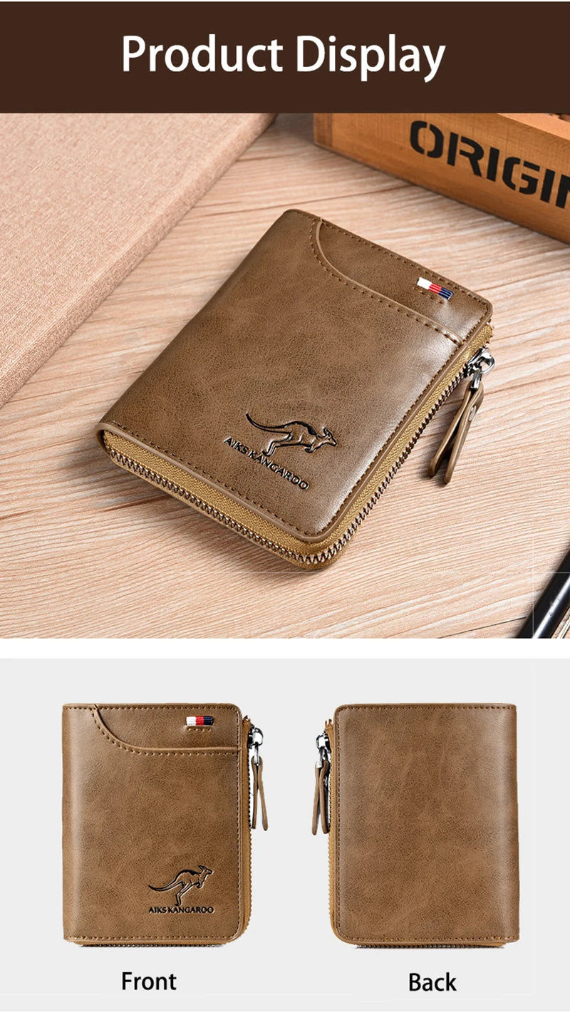 Brown leather zip-around wallet for men with kangaroo logo and RFID protection by Simples Market