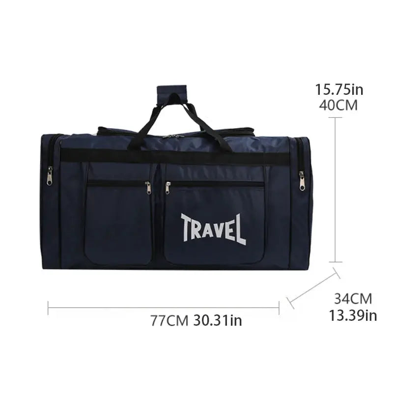 Large capacity travel bag in navy blue with multiple exterior pockets and zipper closures.