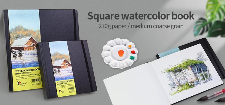 Square watercolor books set; three with black covers and yellow labels, plus palette and sketchbook with painting