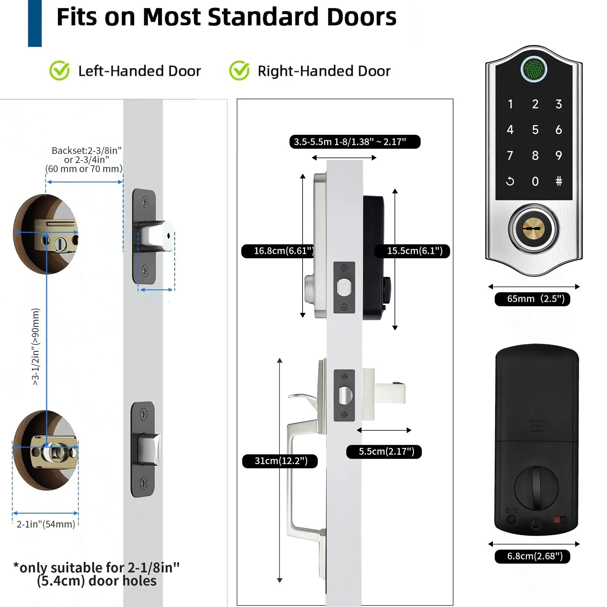 Keyless entry door lock with handle, satin nickel finish, fingerprint keypad smart lock by Simples Market