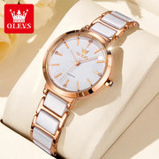 OLEVS women's wristwatch with rose gold case, white dial, ceramic-link band, quartz movement