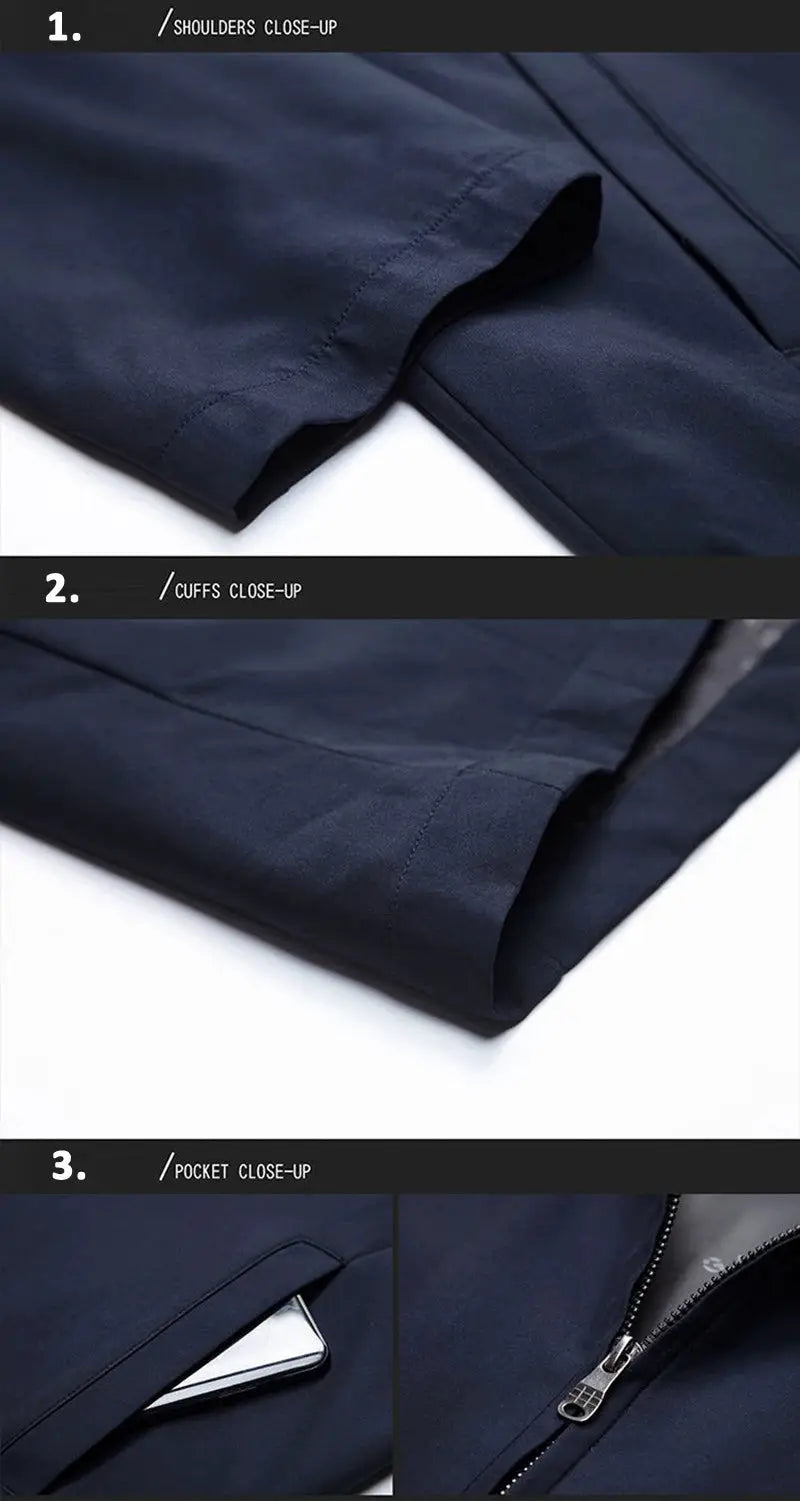 Navy blue men's loose casual blazer jacket with solid color, zip pocket and cuff close-up.