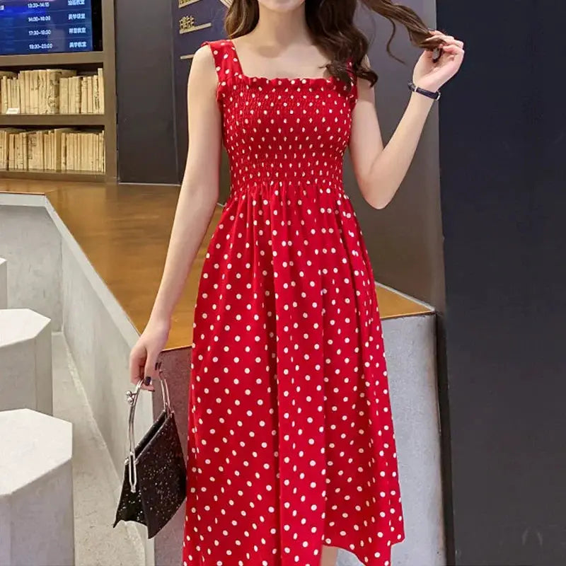 MarinaGrace Summer Polka Dot Sleeveless Chiffon Long Dress With Elegant Square Neck And Flowy A Line Fit