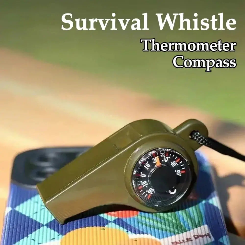 Simples Market 3in1 outdoor emergency whistle with compass and thermometer in olive green on a lanyard