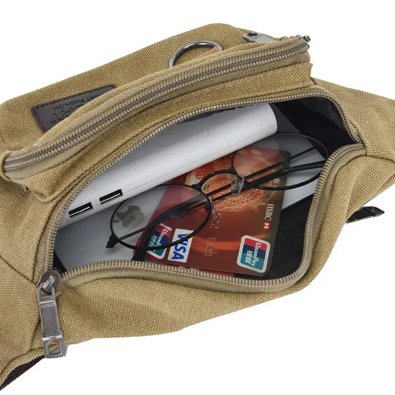 Simples Market chest bag, tan canvas waist belt bag for phone, cards and small essentials.