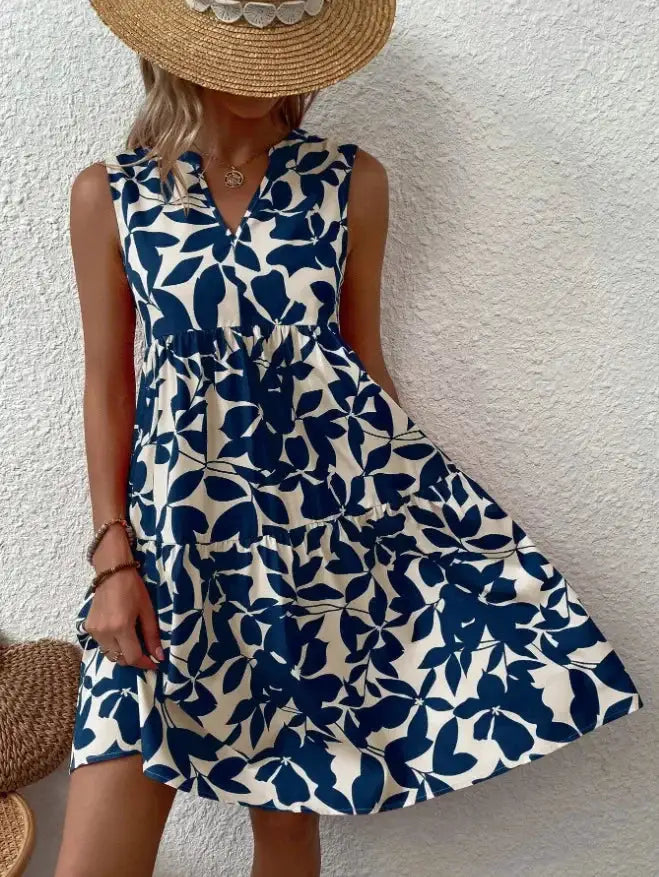 Women Boho Print Mini Dress Sleeveless V Neck Ruffle Beach Sundress