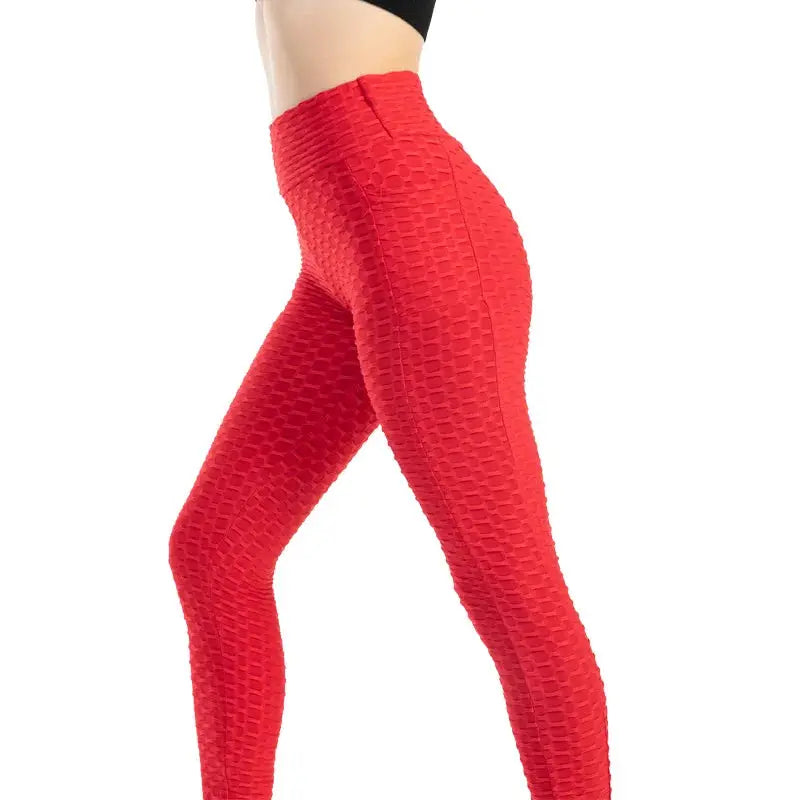 Women's red textured bubble leggings, high-waisted stretchy gym pants