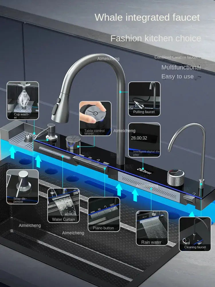 Integrated waterfall kitchen faucet in stainless steel with built-in soap dispenser and large digital display