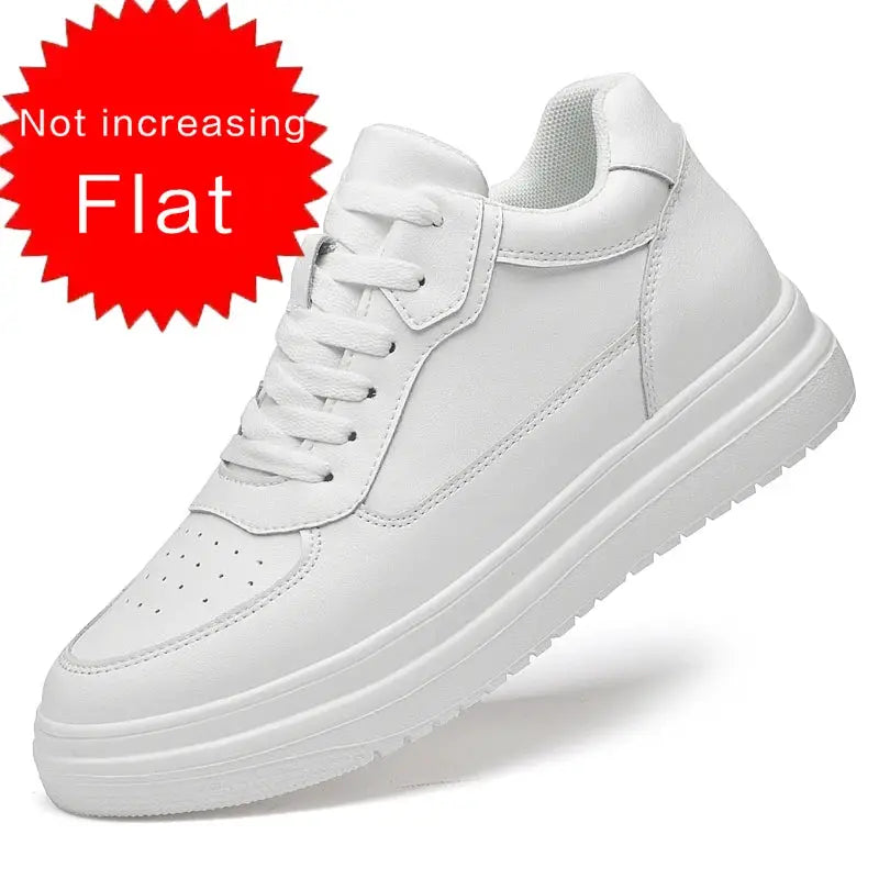 White leather men's elevator sneakers with lace-up closure and chunky platform sole.