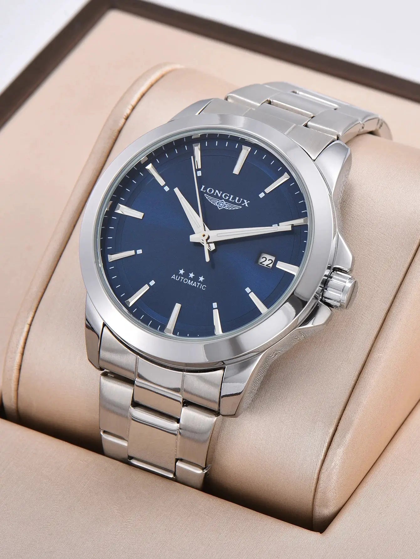 Men's automatic watch by Long Lux with blue dial and stainless steel bracelet, date window