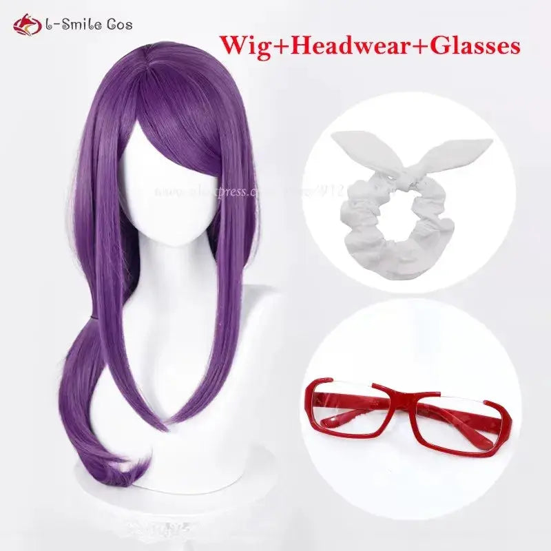 Cosplay wig, purple 70cm, heat-resistant synthetic hair; includes wig cap, white scrunchie and red glasses.