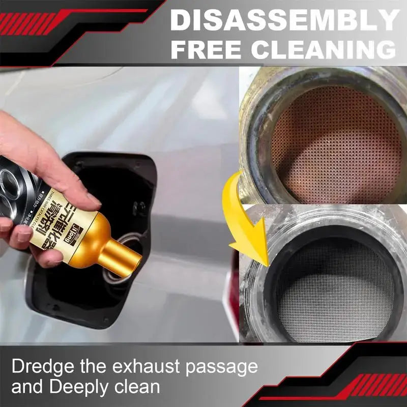 Simples Market 120ml car engine cleaner; orange bottle poured into fuel filler with catalytic converter mesh being cleaned