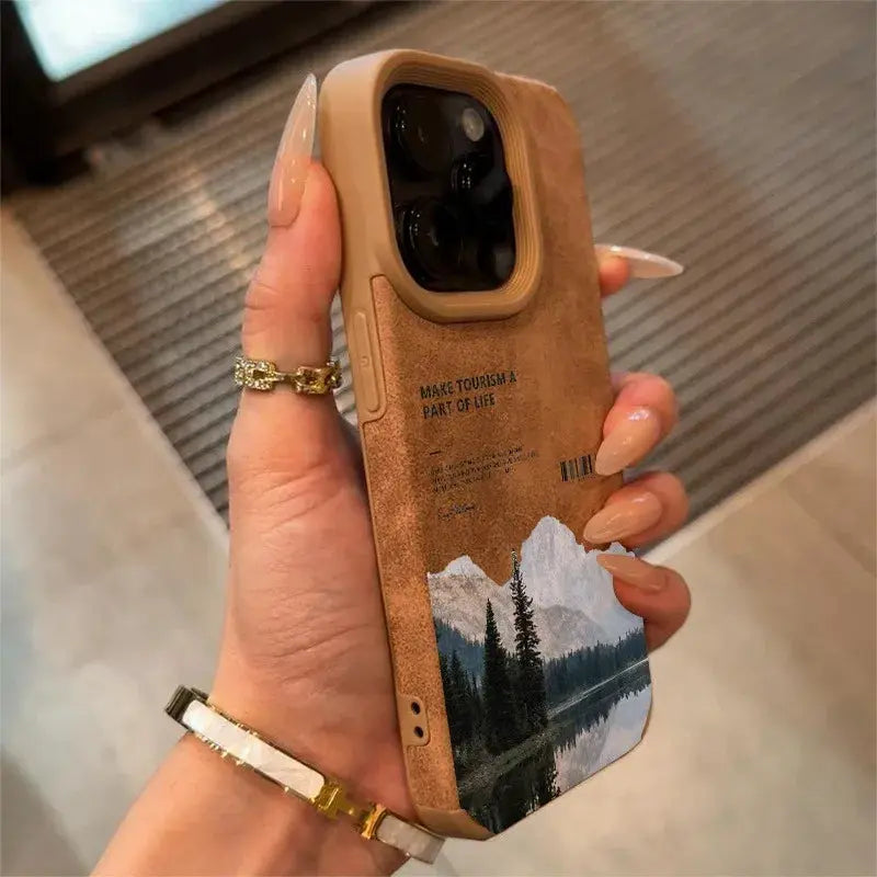 iPhone case in tan faux leather with mountain lake landscape motif; fits XS Max XR X 16 Plus