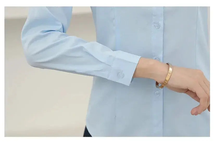 Light blue women's long-sleeve button-down shirt, office blouse for work