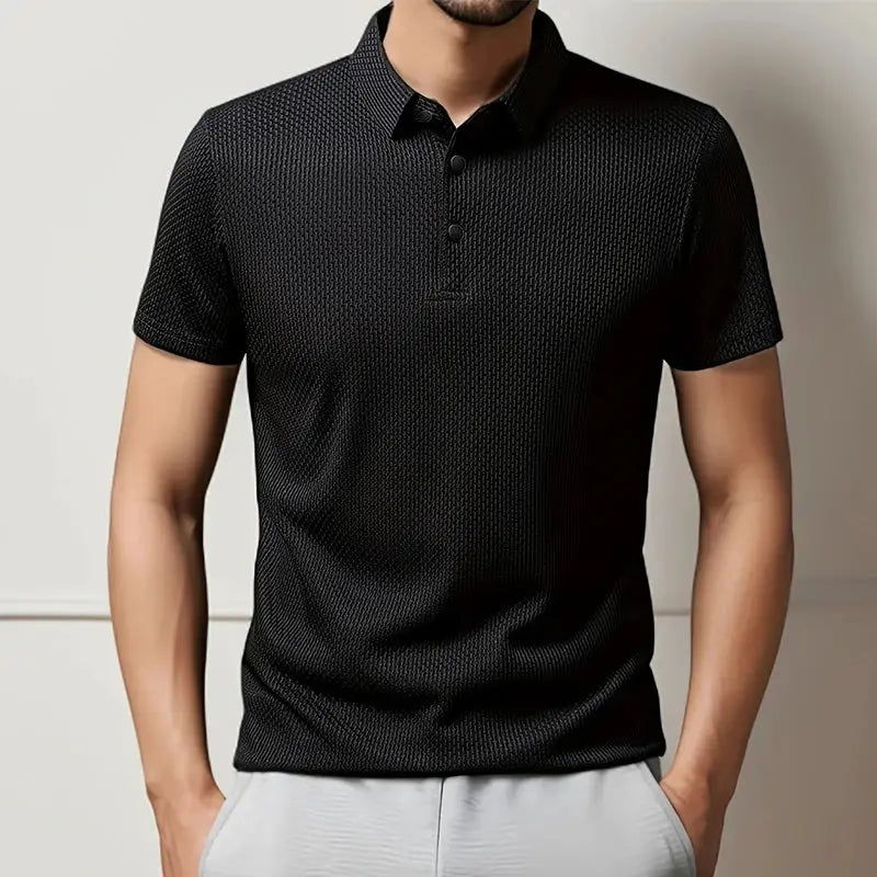 Polo shirt, men's black textured short-sleeve, breathable fabric, Simples Market