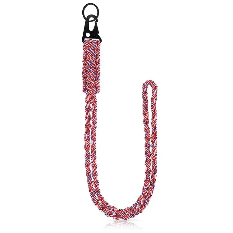 Heavy-duty paracord neck lanyard keychain by Simples Market, red white blue braided cord with metal clip and ring