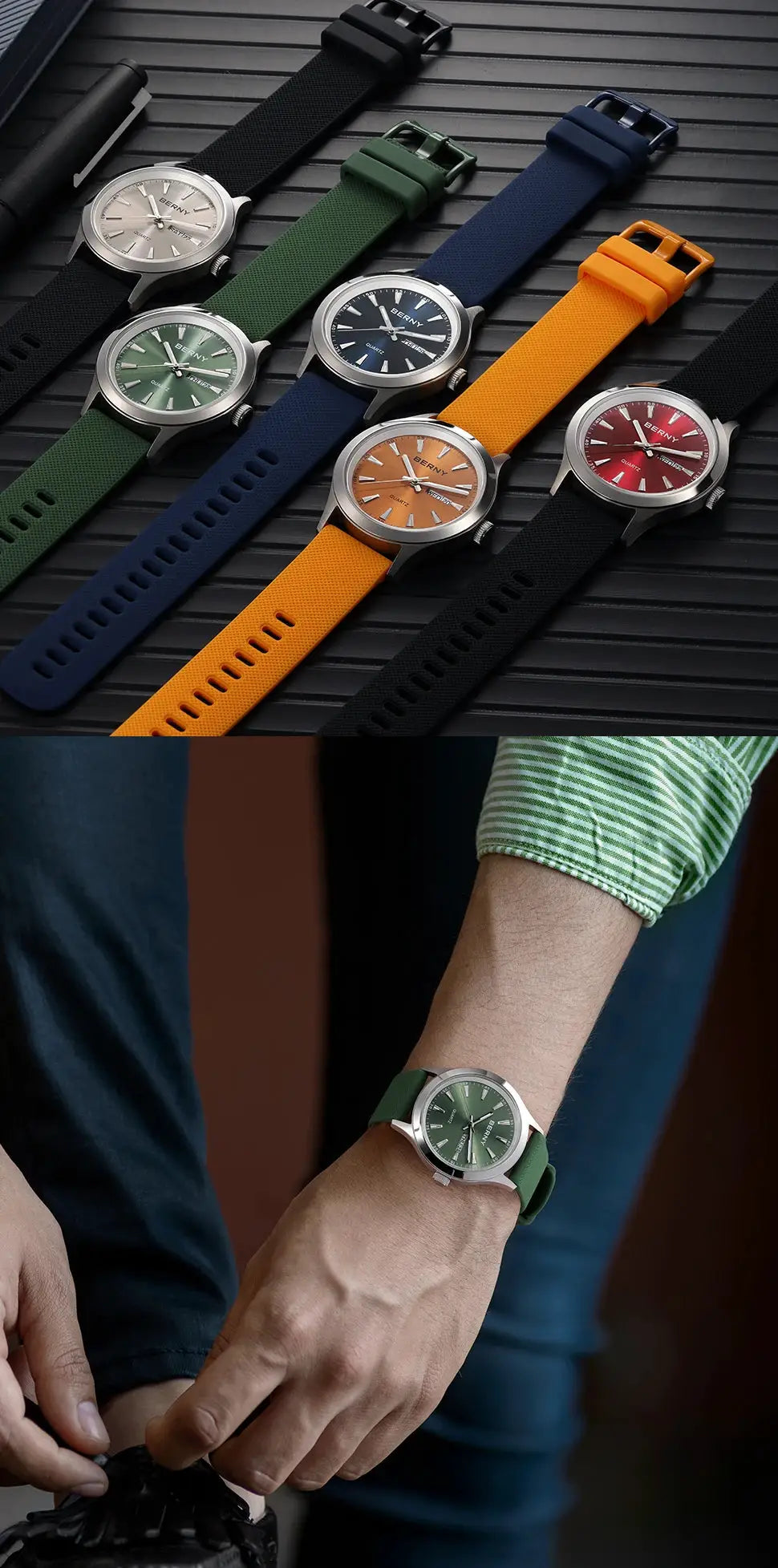 BERNY men’s quartz wristwatches with stainless steel cases and silicone straps; six watches in assorted colors